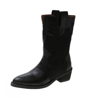 2022 Nuove Donne Tacchi Bassi Cavaliere Stivali Retro Etnico Punta a punta Slip On Stivali A Metà Polpaccio Donne Scarpe Da Moto