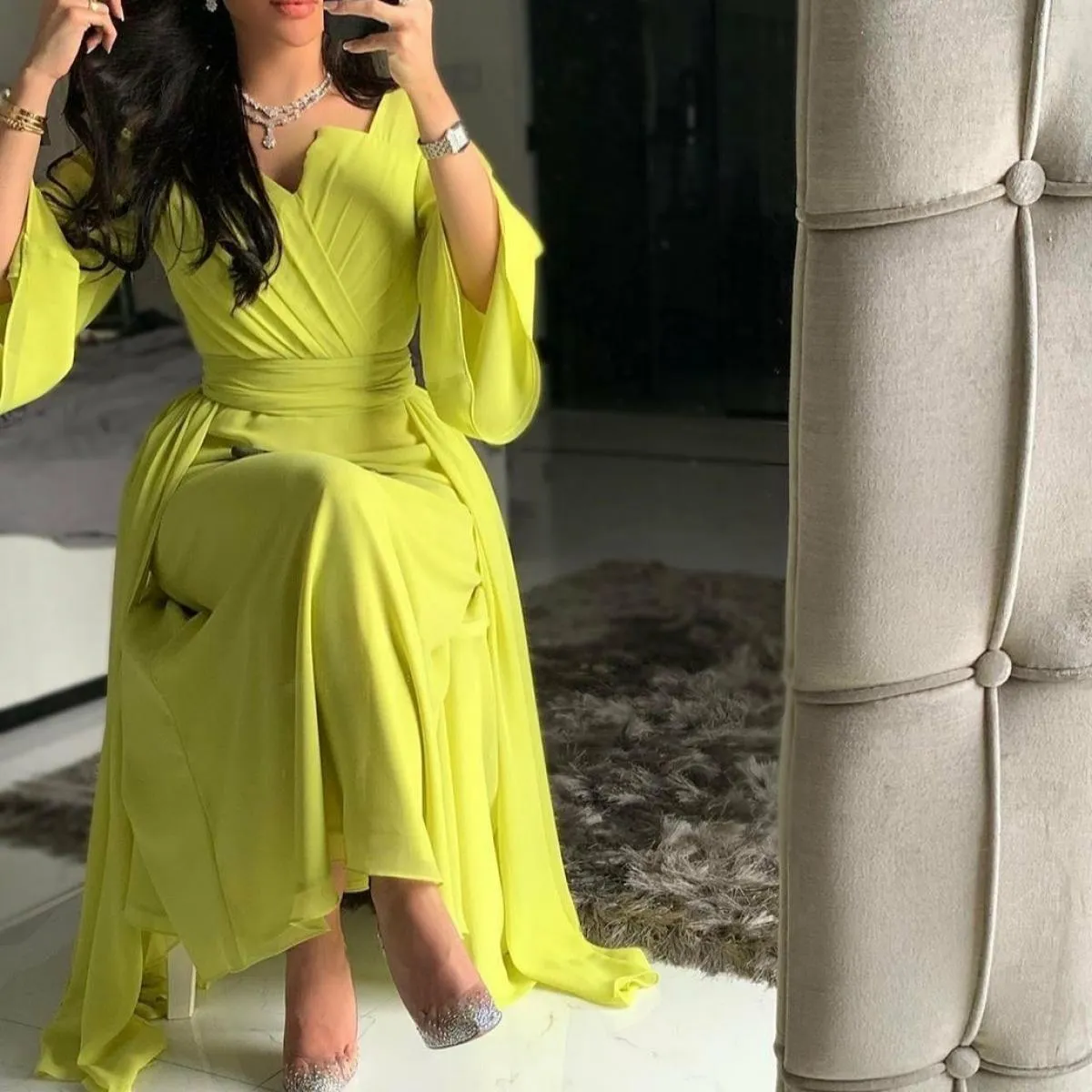 Abiti da sera in chiffon a maniche lunghe con tasche con scollo a V, lunghezza del pavimento, cerniera, abito da festa formale p