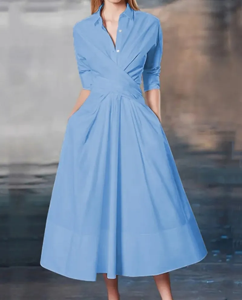 Abito casual a maniche lunghe con risvolto Abito monopetto da donna Autunno tinta unita Abito a vita incrociata Moda pendolare L