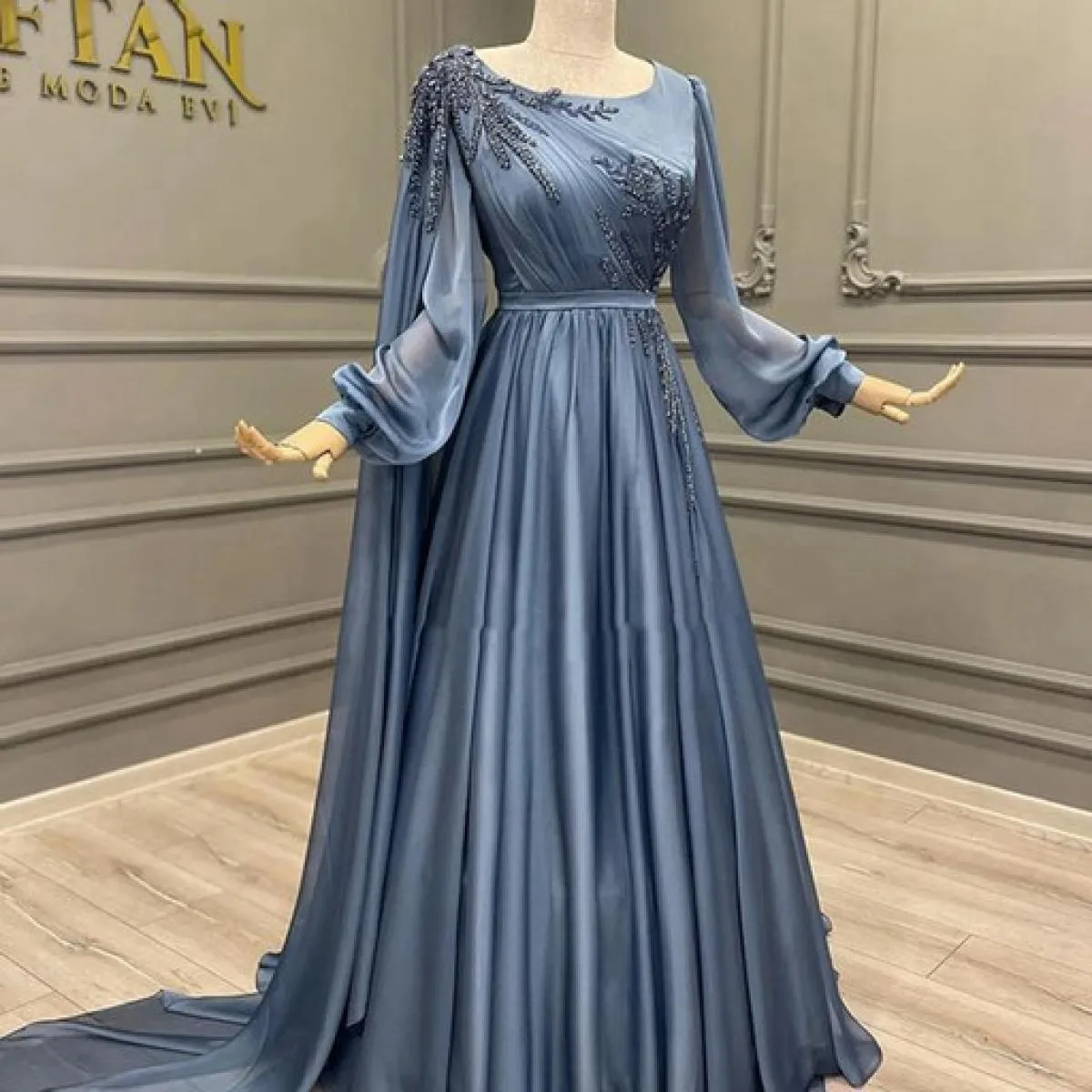 Abito da ballo con scollo rotondo a linea A, abiti da sera arabi, con spalle scoperte, maniche lunghe, paillettes con perline, a