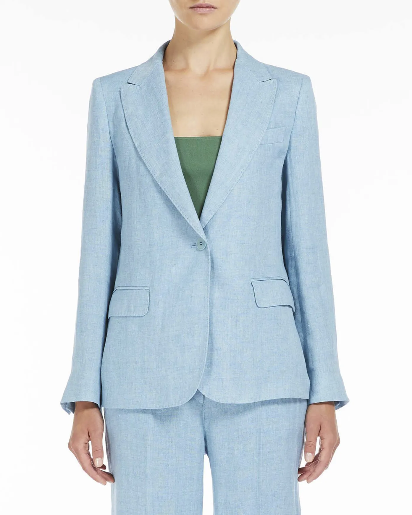 Blazer azzurro a un bottone in lino con scollo a rever