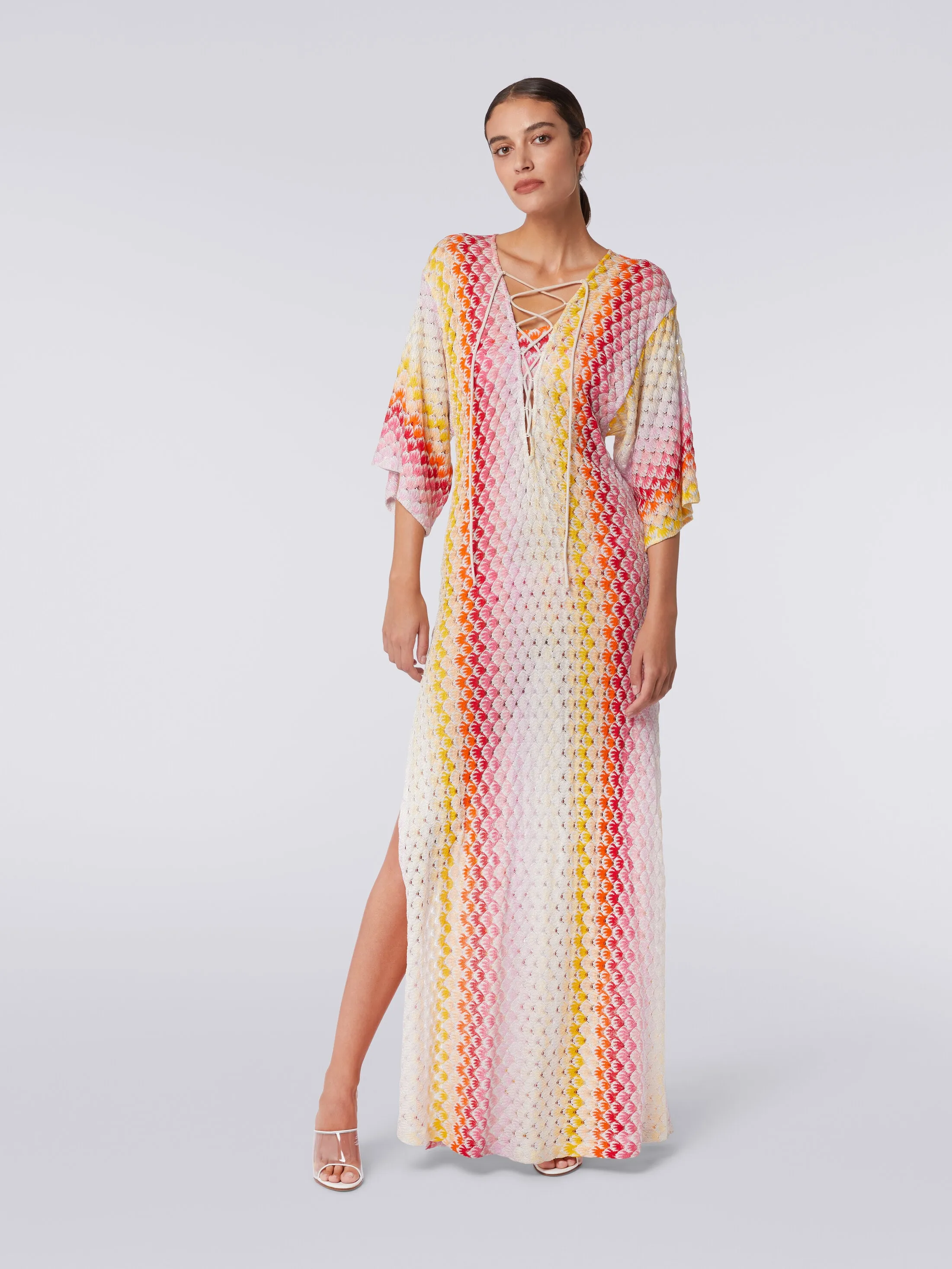 Caftano copricostume lungo effetto pizzo dégradé con lurex