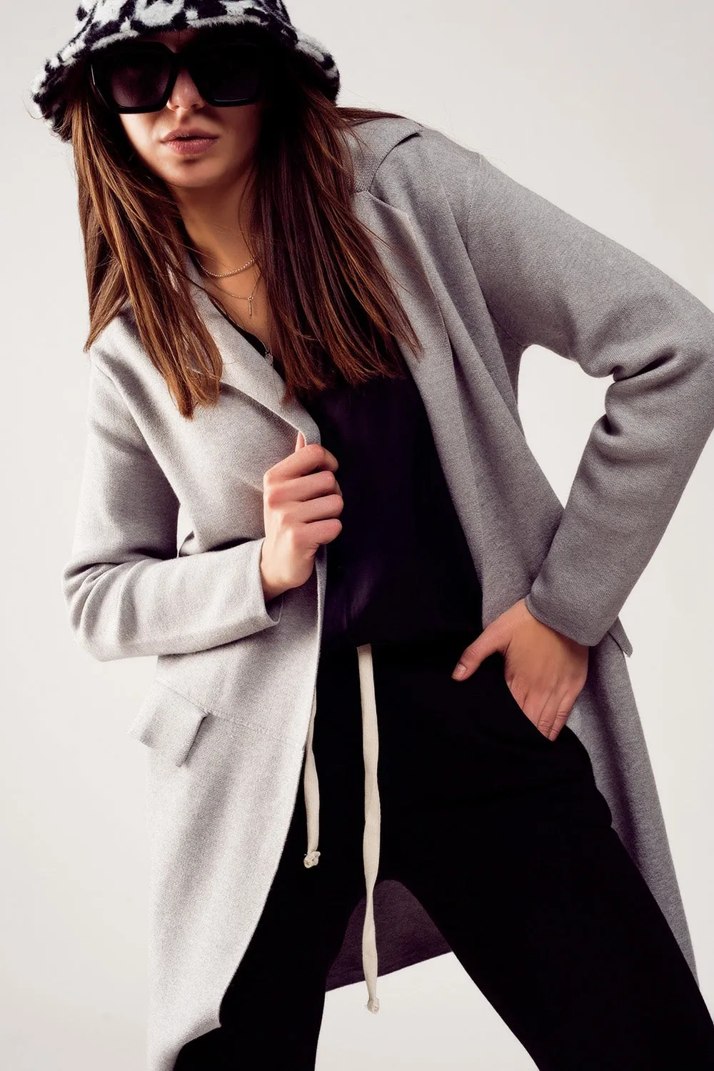 Maxi cardigan grigio con colletto