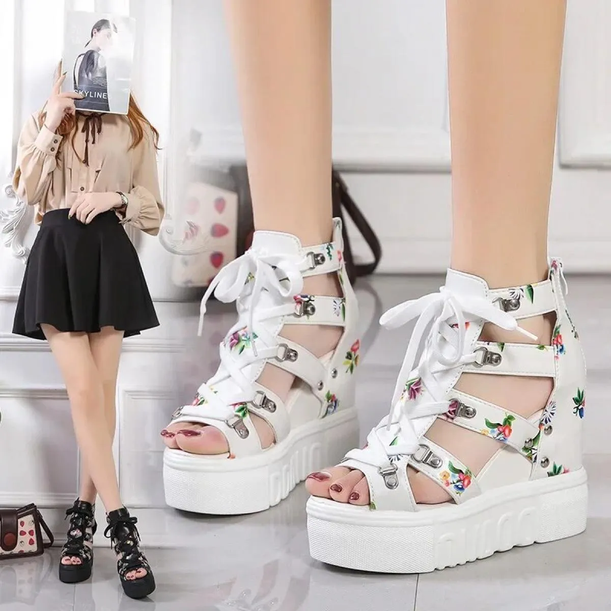 Scarpe per le donne 2024 nuovi sandali romani da donna con tacco alto in pizzo con zeppa focaccina Fishbeak da donna con cernier