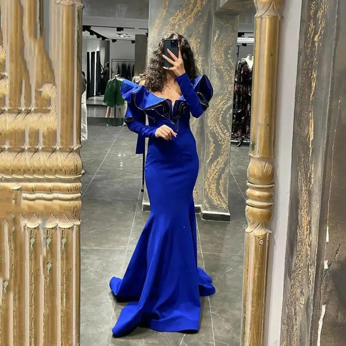 Sirena Arabia Saudita Abiti da ballo di fine anno Bule Collo con volant Maniche lunghe Abito da sera da donna Evento con spacco