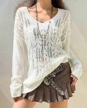 Womens Knit Tops Long Sleeve Sweater Pullovers Crochet Hollow Out V Neck Sweater Tops Fall Sweater For Women Winter Clot